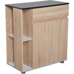 HOMCOM Chariot De Service Desserte De Cuisine à Roulettes Multi-rangements Placard Double Portes + 2 étagères + Tiroir Panneaux Particules Chêne Noir - Beige