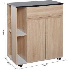 HOMCOM Chariot De Service Desserte De Cuisine à Roulettes Multi-rangements Placard Double Portes + 2 étagères + Tiroir Panneaux Particules Chêne Noir - Beige -France HOMCOM Soldes 2022 10330180 3