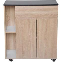 HOMCOM Chariot De Service Desserte De Cuisine à Roulettes Multi-rangements Placard Double Portes + 2 étagères + Tiroir Panneaux Particules Chêne Noir - Beige -France HOMCOM Soldes 2022 10330180 4