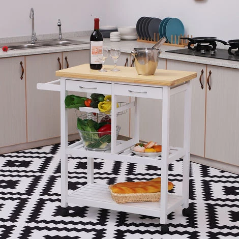 HOMCOM Chariot De Service Desserte De Cuisine à Roulettes Multi-rangements 85L X 37l X 85H Cm Plateau Bois Massif Pin Châssis MDF Blanc - Blanc 4 HOMCOM Chariot De Service Desserte De Cuisine à Roulettes Multi-rangements 85L X 37l X 85H Cm Plateau Bois Massif Pin Châssis MDF Blanc - Blanc – Image 2