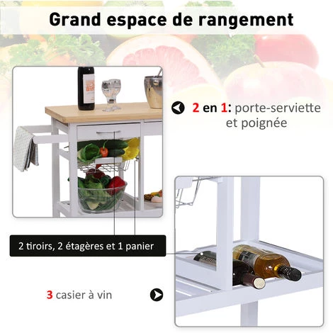 HOMCOM Chariot De Service Desserte De Cuisine à Roulettes Multi-rangements 85L X 37l X 85H Cm Plateau Bois Massif Pin Châssis MDF Blanc - Blanc 6 HOMCOM Chariot De Service Desserte De Cuisine à Roulettes Multi-rangements 85L X 37l X 85H Cm Plateau Bois Massif Pin Châssis MDF Blanc - Blanc – Image 4