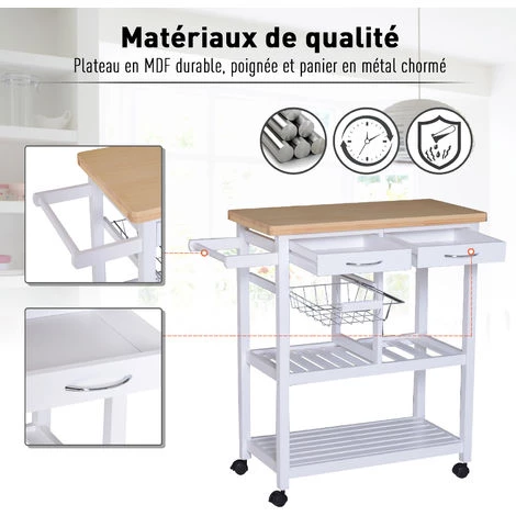 HOMCOM Chariot De Service Desserte De Cuisine à Roulettes Multi-rangements 85L X 37l X 85H Cm Plateau Bois Massif Pin Châssis MDF Blanc - Blanc 7 HOMCOM Chariot De Service Desserte De Cuisine à Roulettes Multi-rangements 85L X 37l X 85H Cm Plateau Bois Massif Pin Châssis MDF Blanc - Blanc – Image 5