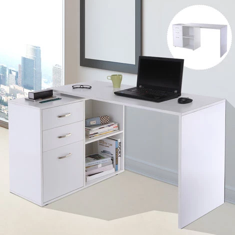 HOMCOM Bureau D'angle Bureau Droit Modulable 2 En 1 Bureau Informatique Tiroirs X 3 + 2 Niches MDF Blanc 4 HOMCOM Bureau D'angle Bureau Droit Modulable 2 En 1 Bureau Informatique Tiroirs X 3 + 2 Niches MDF Blanc – Image 2