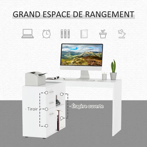 HOMCOM Bureau D'angle Bureau Droit Modulable 2 En 1 Bureau Informatique Tiroirs X 3 + 2 Niches MDF Blanc 6 HOMCOM Bureau D'angle Bureau Droit Modulable 2 En 1 Bureau Informatique Tiroirs X 3 + 2 Niches MDF Blanc – Image 4
