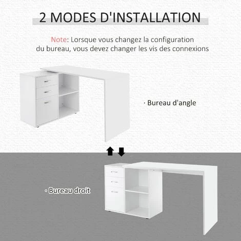 HOMCOM Bureau D'angle Bureau Droit Modulable 2 En 1 Bureau Informatique Tiroirs X 3 + 2 Niches MDF Blanc 7 HOMCOM Bureau D'angle Bureau Droit Modulable 2 En 1 Bureau Informatique Tiroirs X 3 + 2 Niches MDF Blanc – Image 5