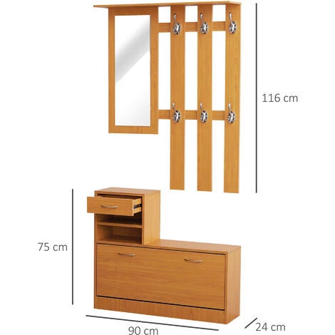 HOMCOM Ensemble De Meubles D'entrée Design Contemporain : Meuble Chaussures, Miroir Et Panneau Porte-manteau Panneaux De Particules Bois Clair 5 HOMCOM Ensemble De Meubles D'entrée Design Contemporain : Meuble Chaussures, Miroir Et Panneau Porte-manteau Panneaux De Particules Bois Clair – Image 3