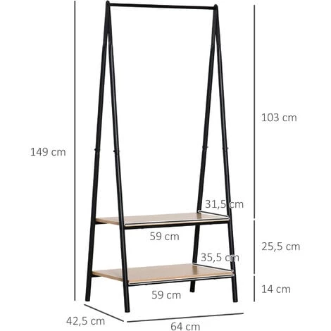 HOMCOM Portant à Vêtements Penderie Style Contemporain Triangulaire Dim. 64L X 43l X 149H Cm 2 étagères MDF Bois Clair Acier Noir - Noir 5 HOMCOM Portant à Vêtements Penderie Style Contemporain Triangulaire Dim. 64L X 43l X 149H Cm 2 étagères MDF Bois Clair Acier Noir - Noir – Image 3