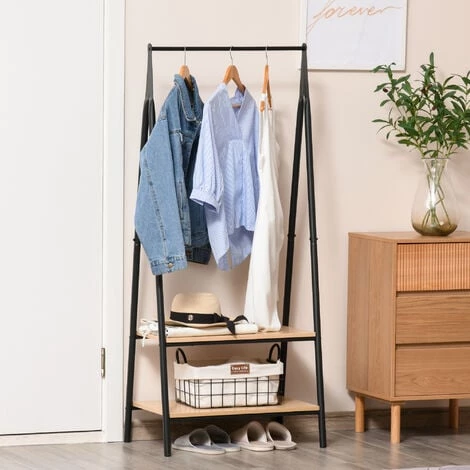 HOMCOM Portant à Vêtements Penderie Style Contemporain Triangulaire Dim. 64L X 43l X 149H Cm 2 étagères MDF Bois Clair Acier Noir - Noir 6 HOMCOM Portant à Vêtements Penderie Style Contemporain Triangulaire Dim. 64L X 43l X 149H Cm 2 étagères MDF Bois Clair Acier Noir - Noir – Image 4