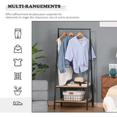 HOMCOM Portant à Vêtements Penderie Style Contemporain Triangulaire Dim. 64L X 43l X 149H Cm 2 étagères MDF Bois Clair Acier Noir - Noir 7 HOMCOM Portant à Vêtements Penderie Style Contemporain Triangulaire Dim. 64L X 43l X 149H Cm 2 étagères MDF Bois Clair Acier Noir - Noir – Image 5