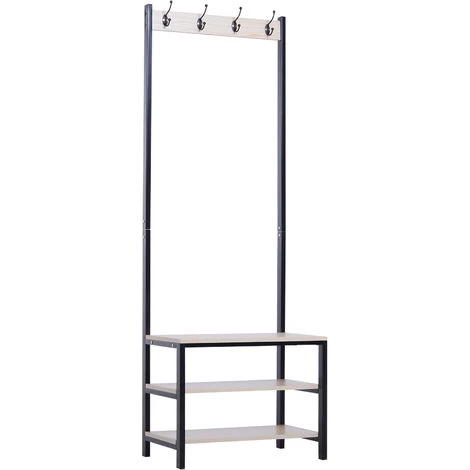 HOMCOM Porte-manteau Vestiaire D'entrée Dim. 60L X 40l X 175H Cm 3 étagères 4 Patères Double Crochet MDF Bois Clair Acier Noir - Noir 6 HOMCOM Porte-manteau Vestiaire D'entrée Dim. 60L X 40l X 175H Cm 3 étagères 4 Patères Double Crochet MDF Bois Clair Acier Noir - Noir – Image 4