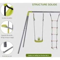 HOMCOM Balançoire 3 Agrès Portique Avec Balançoire, échelle Et Face à Face Dim. 2,95L X 1,38l X 1,75H M Métal époxy Anticorrosion PE Gris Anthracite Vert Pomme - Gris -France HOMCOM Soldes 2022 11373278 3