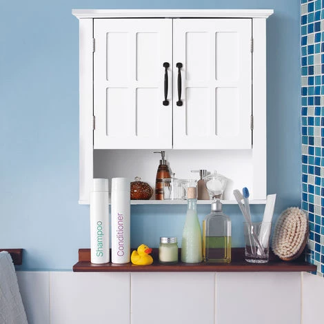 HOMCOM Armoire Haute Murale De Salle De Bain Ou WC Placard 2 Portes 2 étagères Niche Dim. 60L X 20l X 58H Cm MDF Panneaux Particules Blanc - Blanc 4 HOMCOM Armoire Haute Murale De Salle De Bain Ou WC Placard 2 Portes 2 étagères Niche Dim. 60L X 20l X 58H Cm MDF Panneaux Particules Blanc - Blanc – Image 2