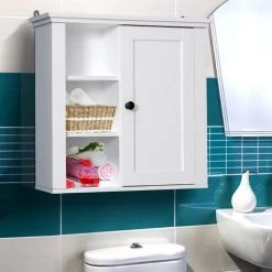 HOMCOM Armoire Haute Murale De Salle De Bain Ou WC Placard 1 Porte 3 Niches Dim. 53L X 14,5l X 50,5H Cm MDF Panneaux Particules Blanc - Blanc -France HOMCOM Soldes 2022 11572840 2