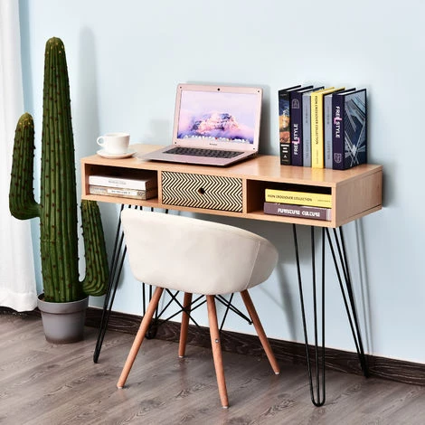 HOMCOM Table D'appoint Console Design Scandinave Graphique Dim. 100L X 35l X 75H Cm 2 Niches Tiroir Pieds Effilés Acier Noir Panneaux Particules Chêne 4 HOMCOM Table D'appoint Console Design Scandinave Graphique Dim. 100L X 35l X 75H Cm 2 Niches Tiroir Pieds Effilés Acier Noir Panneaux Particules Chêne – Image 2
