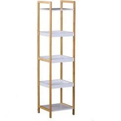 HOMCOM Etagère En Bambou De Salle De Bain étagère Debout 3 Paniers + 2 étagères Dim. 32L X 30l X 130H Cm Beige Blanc