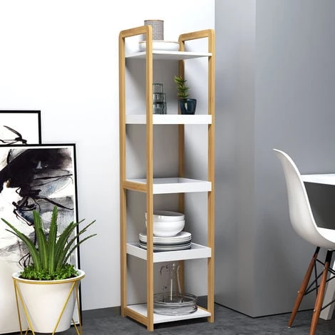 HOMCOM Etagère En Bambou De Salle De Bain étagère Debout 3 Paniers + 2 étagères Dim. 32L X 30l X 130H Cm Beige Blanc 4 HOMCOM Etagère En Bambou De Salle De Bain étagère Debout 3 Paniers + 2 étagères Dim. 32L X 30l X 130H Cm Beige Blanc – Image 2