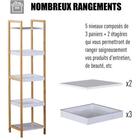 HOMCOM Etagère En Bambou De Salle De Bain étagère Debout 3 Paniers + 2 étagères Dim. 32L X 30l X 130H Cm Beige Blanc 6 HOMCOM Etagère En Bambou De Salle De Bain étagère Debout 3 Paniers + 2 étagères Dim. 32L X 30l X 130H Cm Beige Blanc – Image 4