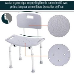 HOMCOM Chaise De Douche Siège De Douche Ergonomique Hauteur Réglable Pieds Antidérapants Charge Max. 136 Kg Alu HDPE Gris - Gris -France HOMCOM Soldes 2022 11643158 5