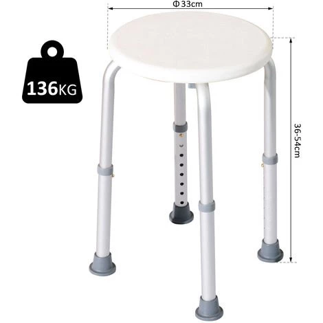 HOMCOM Tabouret De Douche Réglable En Hauteur Siège De Douche Ergonomique Pieds Antidérapants Charge Max. 136 Kg Alu HDPE Blanc 5 HOMCOM Tabouret De Douche Réglable En Hauteur Siège De Douche Ergonomique Pieds Antidérapants Charge Max. 136 Kg Alu HDPE Blanc – Image 3
