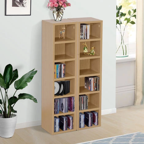 HOMCOM Lot De 2 étagères Colonnes Armoire De Rangement CD-DVD 6 + 6 Compartiments Dim. 21L X 19l X 88H Cm Capacité Max. 204 CD Coloris Hêtre - Beige 4 HOMCOM Lot De 2 étagères Colonnes Armoire De Rangement CD-DVD 6 + 6 Compartiments Dim. 21L X 19l X 88H Cm Capacité Max. 204 CD Coloris Hêtre - Beige – Image 2