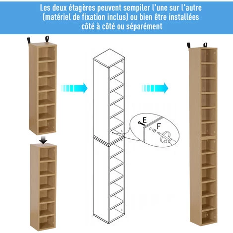 HOMCOM Lot De 2 étagères Colonnes Armoire De Rangement CD-DVD 6 + 6 Compartiments Dim. 21L X 19l X 88H Cm Capacité Max. 204 CD Coloris Hêtre - Beige 6 HOMCOM Lot De 2 étagères Colonnes Armoire De Rangement CD-DVD 6 + 6 Compartiments Dim. 21L X 19l X 88H Cm Capacité Max. 204 CD Coloris Hêtre - Beige – Image 4