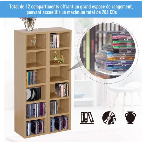 HOMCOM Lot De 2 étagères Colonnes Armoire De Rangement CD-DVD 6 + 6 Compartiments Dim. 21L X 19l X 88H Cm Capacité Max. 204 CD Coloris Hêtre - Beige 7 HOMCOM Lot De 2 étagères Colonnes Armoire De Rangement CD-DVD 6 + 6 Compartiments Dim. 21L X 19l X 88H Cm Capacité Max. 204 CD Coloris Hêtre - Beige – Image 5