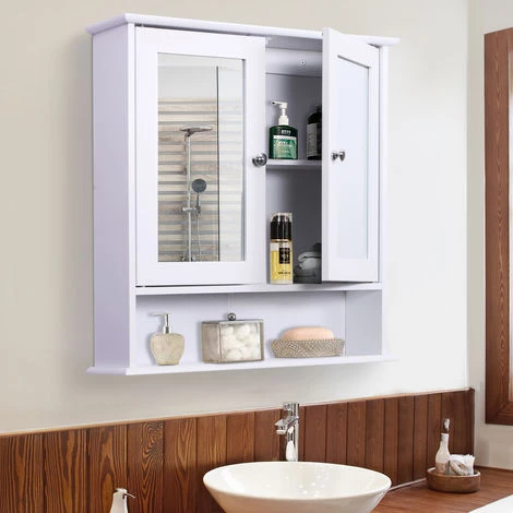HOMCOM Armoire Murale étagère Salle De Bain 56L X 13l X 58H Cm Double Porte Miroir étagère Réglable MDF Blanc 4 HOMCOM Armoire Murale étagère Salle De Bain 56L X 13l X 58H Cm Double Porte Miroir étagère Réglable MDF Blanc – Image 2