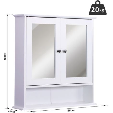 HOMCOM Armoire Murale étagère Salle De Bain 56L X 13l X 58H Cm Double Porte Miroir étagère Réglable MDF Blanc 5 HOMCOM Armoire Murale étagère Salle De Bain 56L X 13l X 58H Cm Double Porte Miroir étagère Réglable MDF Blanc – Image 3