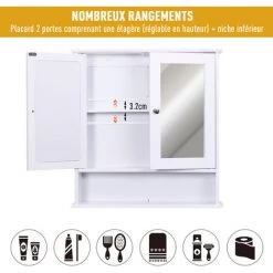HOMCOM Armoire Murale étagère Salle De Bain 56L X 13l X 58H Cm Double Porte Miroir étagère Réglable MDF Blanc 10 HOMCOM Armoire Murale étagère Salle De Bain 56L X 13l X 58H Cm Double Porte Miroir étagère Réglable MDF Blanc -France HOMCOM Soldes 2022 12637815 4