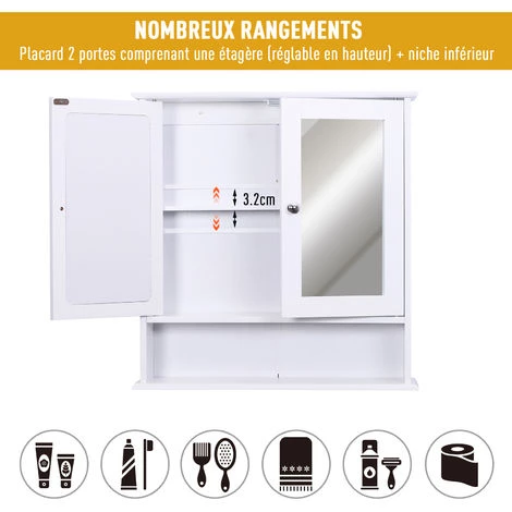 HOMCOM Armoire Murale étagère Salle De Bain 56L X 13l X 58H Cm Double Porte Miroir étagère Réglable MDF Blanc 6 HOMCOM Armoire Murale étagère Salle De Bain 56L X 13l X 58H Cm Double Porte Miroir étagère Réglable MDF Blanc – Image 4