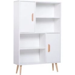 HOMCOM Bibliothèque Scandinave 4 Niches + 2 Placards Avec étagère Dim. 80L X 24l X 123H Cm Pieds Effilés Inclinés Bois Massif Panneaux Particules Blanc - Blanc