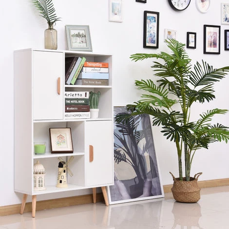 HOMCOM Bibliothèque Scandinave 4 Niches + 2 Placards Avec étagère Dim. 80L X 24l X 123H Cm Pieds Effilés Inclinés Bois Massif Panneaux Particules Blanc - Blanc 4 HOMCOM Bibliothèque Scandinave 4 Niches + 2 Placards Avec étagère Dim. 80L X 24l X 123H Cm Pieds Effilés Inclinés Bois Massif Panneaux Particules Blanc - Blanc – Image 2