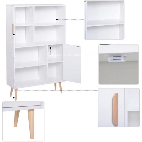 HOMCOM Bibliothèque Scandinave 4 Niches + 2 Placards Avec étagère Dim. 80L X 24l X 123H Cm Pieds Effilés Inclinés Bois Massif Panneaux Particules Blanc - Blanc 6 HOMCOM Bibliothèque Scandinave 4 Niches + 2 Placards Avec étagère Dim. 80L X 24l X 123H Cm Pieds Effilés Inclinés Bois Massif Panneaux Particules Blanc - Blanc – Image 4