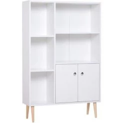 HOMCOM Bibliothèque Scandinave Dim. 80L X 23,5l X 123H Cm 5 Niches Placard 2 Portes Pieds Effilés Inclinés Bois Massif Panneaux Particules Blanc - Blanc