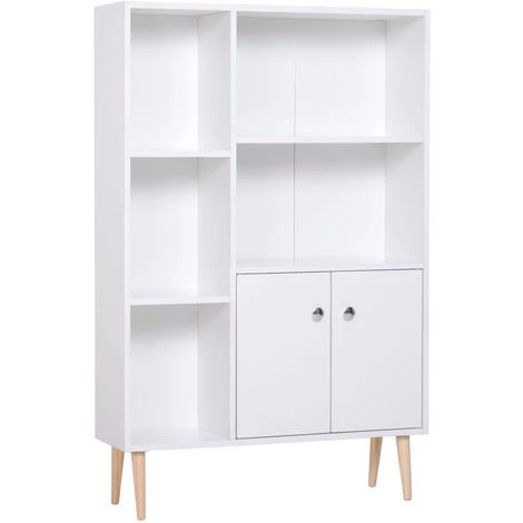 HOMCOM Bibliothèque Scandinave Dim. 80L X 23,5l X 123H Cm 5 Niches Placard 2 Portes Pieds Effilés Inclinés Bois Massif Panneaux Particules Blanc - Blanc 3 HOMCOM Bibliothèque Scandinave Dim. 80L X 23,5l X 123H Cm 5 Niches Placard 2 Portes Pieds Effilés Inclinés Bois Massif Panneaux Particules Blanc - Blanc