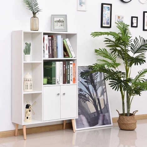 HOMCOM Bibliothèque Scandinave Dim. 80L X 23,5l X 123H Cm 5 Niches Placard 2 Portes Pieds Effilés Inclinés Bois Massif Panneaux Particules Blanc - Blanc 4 HOMCOM Bibliothèque Scandinave Dim. 80L X 23,5l X 123H Cm 5 Niches Placard 2 Portes Pieds Effilés Inclinés Bois Massif Panneaux Particules Blanc - Blanc – Image 2