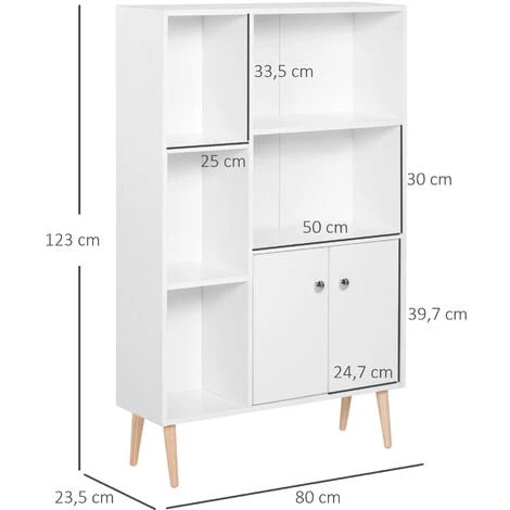HOMCOM Bibliothèque Scandinave Dim. 80L X 23,5l X 123H Cm 5 Niches Placard 2 Portes Pieds Effilés Inclinés Bois Massif Panneaux Particules Blanc - Blanc 5 HOMCOM Bibliothèque Scandinave Dim. 80L X 23,5l X 123H Cm 5 Niches Placard 2 Portes Pieds Effilés Inclinés Bois Massif Panneaux Particules Blanc - Blanc – Image 3