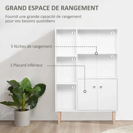 HOMCOM Bibliothèque Scandinave Dim. 80L X 23,5l X 123H Cm 5 Niches Placard 2 Portes Pieds Effilés Inclinés Bois Massif Panneaux Particules Blanc - Blanc 6 HOMCOM Bibliothèque Scandinave Dim. 80L X 23,5l X 123H Cm 5 Niches Placard 2 Portes Pieds Effilés Inclinés Bois Massif Panneaux Particules Blanc - Blanc – Image 4