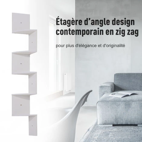 HOMCOM Étagère D'angle étagère De Rangement Design Contemporain Zig Zag 20L X 20l X 126H Cm 5 Niveaux Panneaux De Particules Blanc - Blanc 7 HOMCOM Étagère D'angle étagère De Rangement Design Contemporain Zig Zag 20L X 20l X 126H Cm 5 Niveaux Panneaux De Particules Blanc - Blanc – Image 5