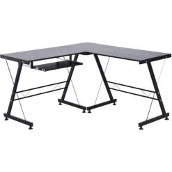 HOMCOM Bureau D'angle Bureau Informatique Design Moderne Métal MDF Imitation Veinage Bois Noir - Noir