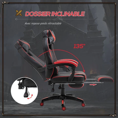 HOMCOM Fauteuil De Bureau Manager Grand Confort Style Baquet Racing Gamer Pivotant Inclinable Avec Coussins Et Repose-pieds Revêtement Synthétique Noir Rouge - Rouge 6 HOMCOM Fauteuil De Bureau Manager Grand Confort Style Baquet Racing Gamer Pivotant Inclinable Avec Coussins Et Repose-pieds Revêtement Synthétique Noir Rouge - Rouge – Image 4