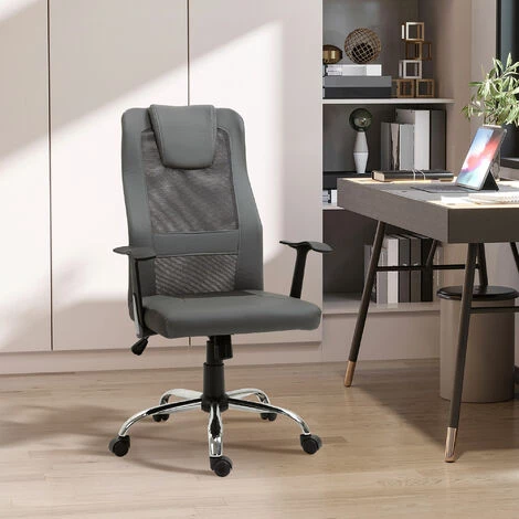 HOMCOM Fauteuil De Bureau Ergonomique Hauteur Assise Réglable Pivotant 360° Revêtement Synthétique Et Maille Gris - Gris 4 HOMCOM Fauteuil De Bureau Ergonomique Hauteur Assise Réglable Pivotant 360° Revêtement Synthétique Et Maille Gris - Gris – Image 2