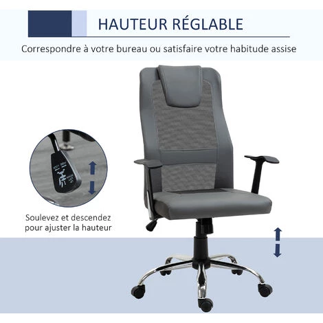 HOMCOM Fauteuil De Bureau Ergonomique Hauteur Assise Réglable Pivotant 360° Revêtement Synthétique Et Maille Gris - Gris 6 HOMCOM Fauteuil De Bureau Ergonomique Hauteur Assise Réglable Pivotant 360° Revêtement Synthétique Et Maille Gris - Gris – Image 4