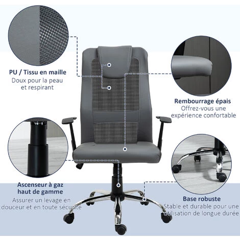 HOMCOM Fauteuil De Bureau Ergonomique Hauteur Assise Réglable Pivotant 360° Revêtement Synthétique Et Maille Gris - Gris 7 HOMCOM Fauteuil De Bureau Ergonomique Hauteur Assise Réglable Pivotant 360° Revêtement Synthétique Et Maille Gris - Gris – Image 5