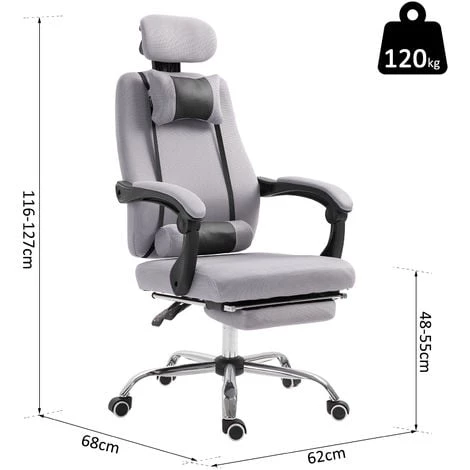 HOMCOM Fauteuil De Bureau Manager Grand Confort Repose-pied Tétière + Coussin Lombaires Intégrés Dossier Inclinable Revêtement Tissu Micro Perforé Gris Noir - Gris 5 HOMCOM Fauteuil De Bureau Manager Grand Confort Repose-pied Tétière + Coussin Lombaires Intégrés Dossier Inclinable Revêtement Tissu Micro Perforé Gris Noir - Gris – Image 3