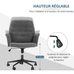 HOMCOM Fauteuil De Bureau Chaise De Bureau Hauteur Réglable Roulettes Pivotant 360° Tissu Chanvre 69L X 66l X 89,5-97H Cm Gris Chiné -France HOMCOM Soldes 2022 14930444 4
