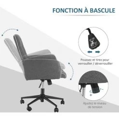 HOMCOM Fauteuil De Bureau Chaise De Bureau Hauteur Réglable Roulettes Pivotant 360° Tissu Chanvre 69L X 66l X 89,5-97H Cm Gris Chiné -France HOMCOM Soldes 2022 14930444 5