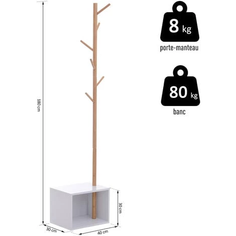 HOMCOM Meuble Rangement Porte-manteaux 2 En 1 Design Contemporain Cosy Dim. 40L X 30l X 180H Cm MDF Blanc Bois Massif Bambou - Blanc 5 HOMCOM Meuble Rangement Porte-manteaux 2 En 1 Design Contemporain Cosy Dim. 40L X 30l X 180H Cm MDF Blanc Bois Massif Bambou - Blanc – Image 3