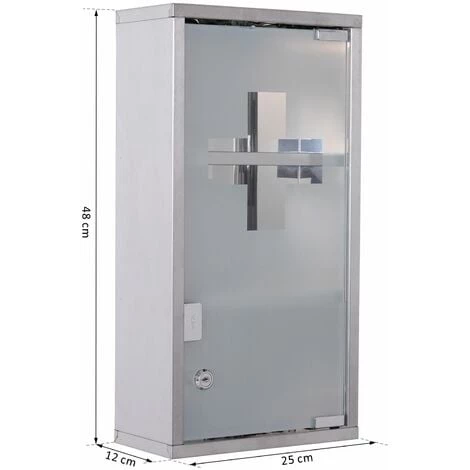 HOMCOM Armoire à Pharmacie 2 étagères 3 Niveaux Verrouillable Porte Verre Trempé Dépoli Logo Croix 25L X 12l X 48H Cm Acier Inox 5 HOMCOM Armoire à Pharmacie 2 étagères 3 Niveaux Verrouillable Porte Verre Trempé Dépoli Logo Croix 25L X 12l X 48H Cm Acier Inox – Image 3