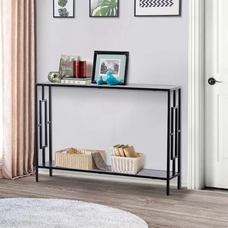 HOMCOM Console Table D'appoint Design Industriel Dim. 106L X 23l X 76H Cm étagère Acier Noir Panneaux Particules Bois Gris - Gris 4 HOMCOM Console Table D'appoint Design Industriel Dim. 106L X 23l X 76H Cm étagère Acier Noir Panneaux Particules Bois Gris - Gris – Image 2